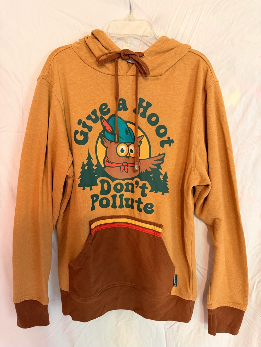 Vintage-Inspired Give a Hoot Don’t Pollute Hoodie - Mustard/Brown Size S